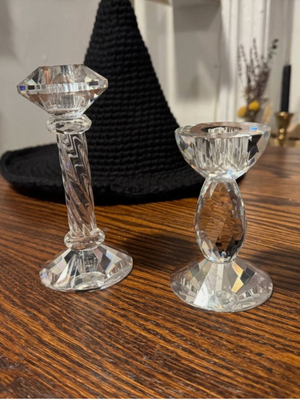 Crystal Cut Glass Taper Candlesticks Vintage Mismatched Set Of Two